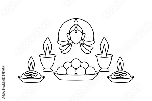 Goddess durga puja offering continuous line art illustration