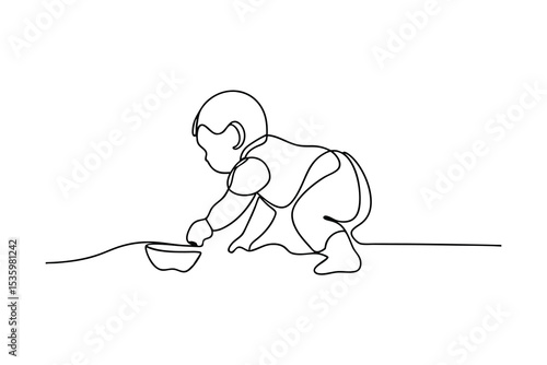 Baby crawling towards bowl continuous line art illustration