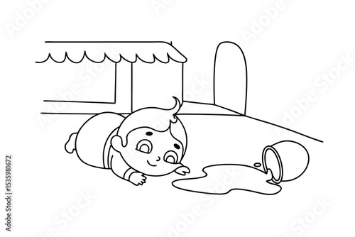Toddler spilled milk near house continuous line art