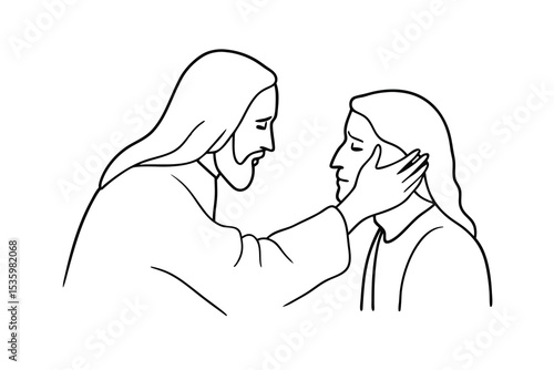 Jesus christ comforting a grieving woman continuous line art drawing