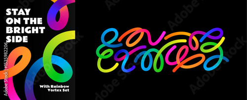 Abstract Line Pattern. Color Gradient Wave Shapes on Black Background. 3D Vector Curve Graphic. Wavy Rainbow Ribbons Poster.