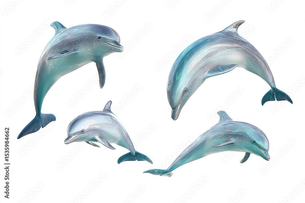 Realistic dolphin illustration, graceful aquatic mammals in dynamic swimming and leaping pose isolated on white background Realistic dolphin illustration, graceful aquatic mammals in dynamic swimming and leaping pose isolated on white background
