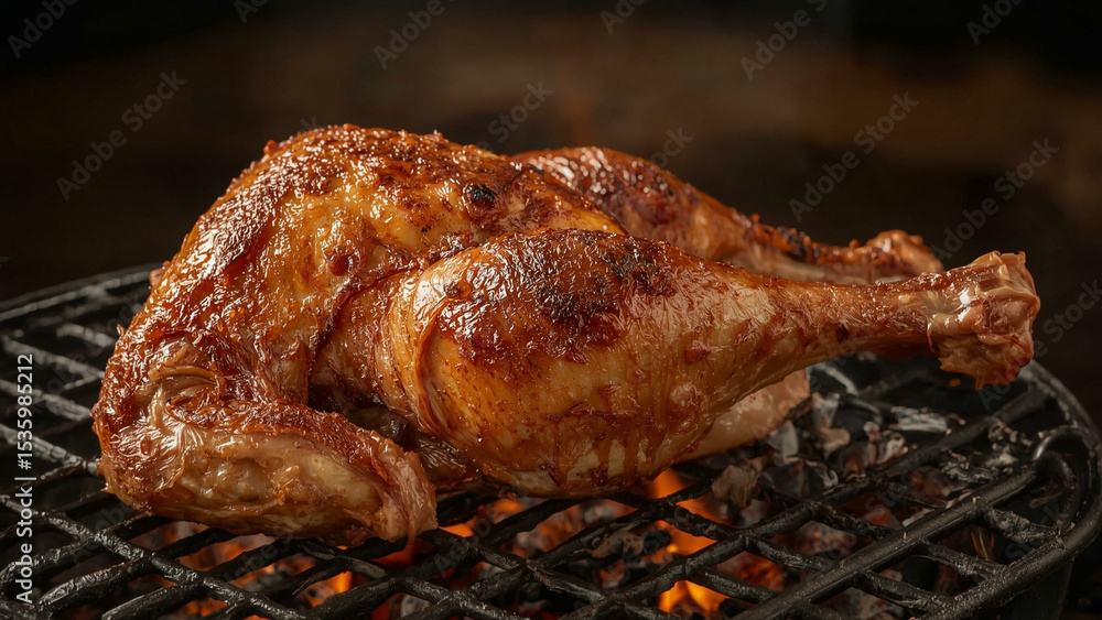 Naklejka premium Whole roasted chicken with crispy skin cooked on barbecue grill, golden brown and juicy, delicious meal for summer feasts or parties.
