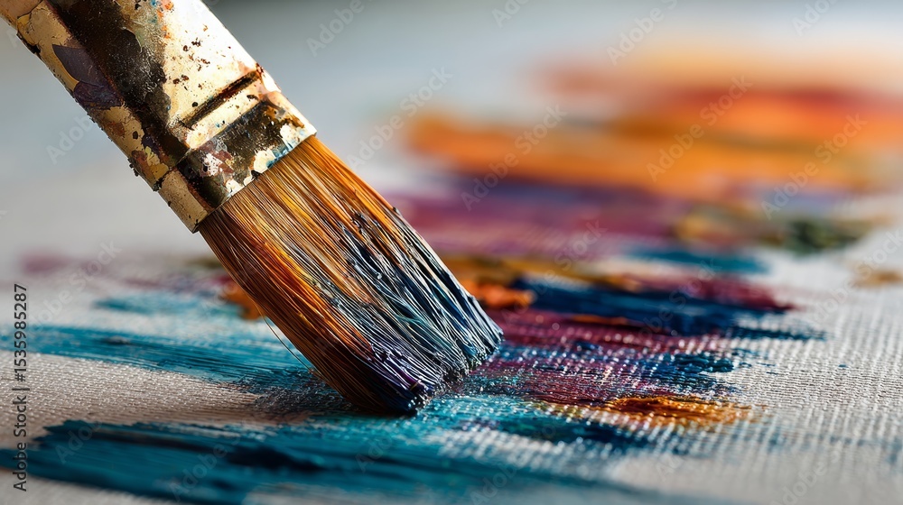 Fototapeta premium Paintbrush creating textured strokes on canvas surface