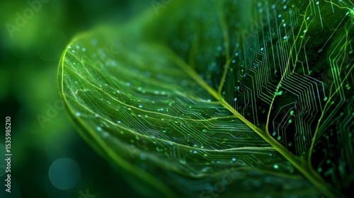 Green leaf with digital circuit overlay concept