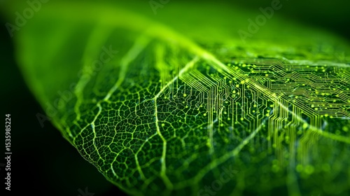 Green leaf with digital circuit overlay concept
