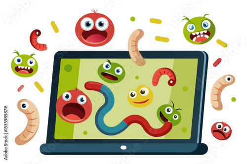 A laptop screen is overrun with colorful, expressive cartoon viruses and worms, symbolizing a severe digital infection or cybersecurity threat.