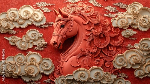 Ornate red horse head, stylized clouds on crimson backdrop