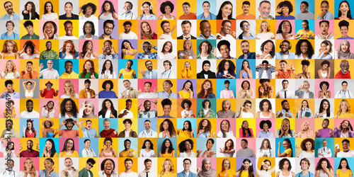 A lively collection showcasing a diverse group of individuals with varied backgrounds, all smiling and celebrating life against colorful backgrounds.