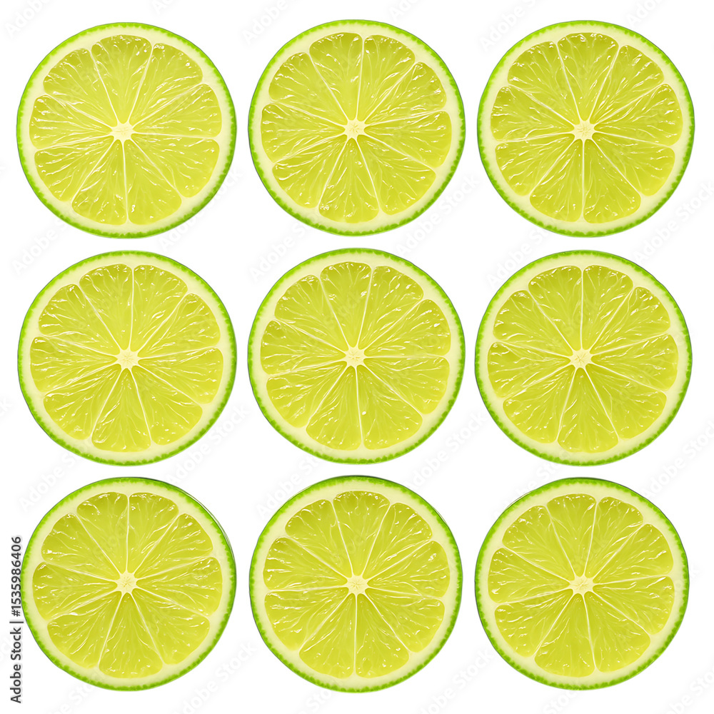 Fototapeta premium Fresh lime slices with juicy texture, isolated on white background,fresh,slices,lemon