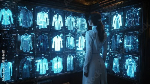 Futuristic fashion display.  A woman examines virtual clothing