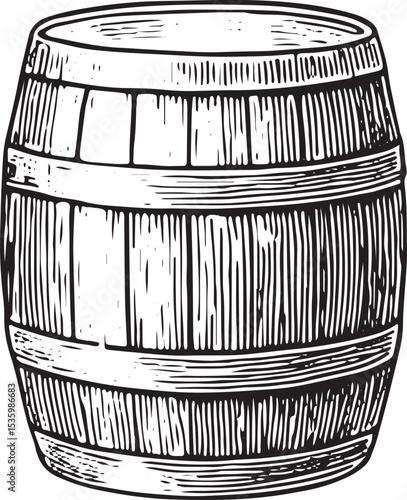 Rustic wooden barrel illustration, central to wine aging and storage, depicting traditional craftsmanship and the essence of winery cellars in a vintage style