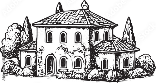 Scenic vintage illustration of a vineyard landscape with rolling hills, symbolizing the serene beauty and fertile grounds essential for grape cultivation and winemaking