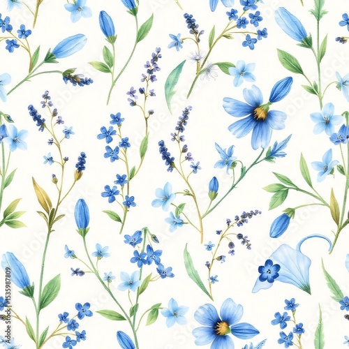 Watercolor pattern of forget-me-nots, bluebells, and baby’s breath flowers in soft pastel blue and white tones