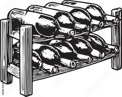 Rustic wine rack illustration with bottles, depicting storage elegance and winery organization, embodying the charm of vintage wine cellars and rural winemaking