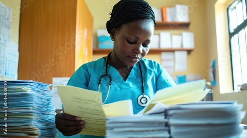 Healthcare worker organizing vaccination records and patient charts in modern clinic. Medical administration and immunization tracking system. Healthcare record keeping and patient care administration