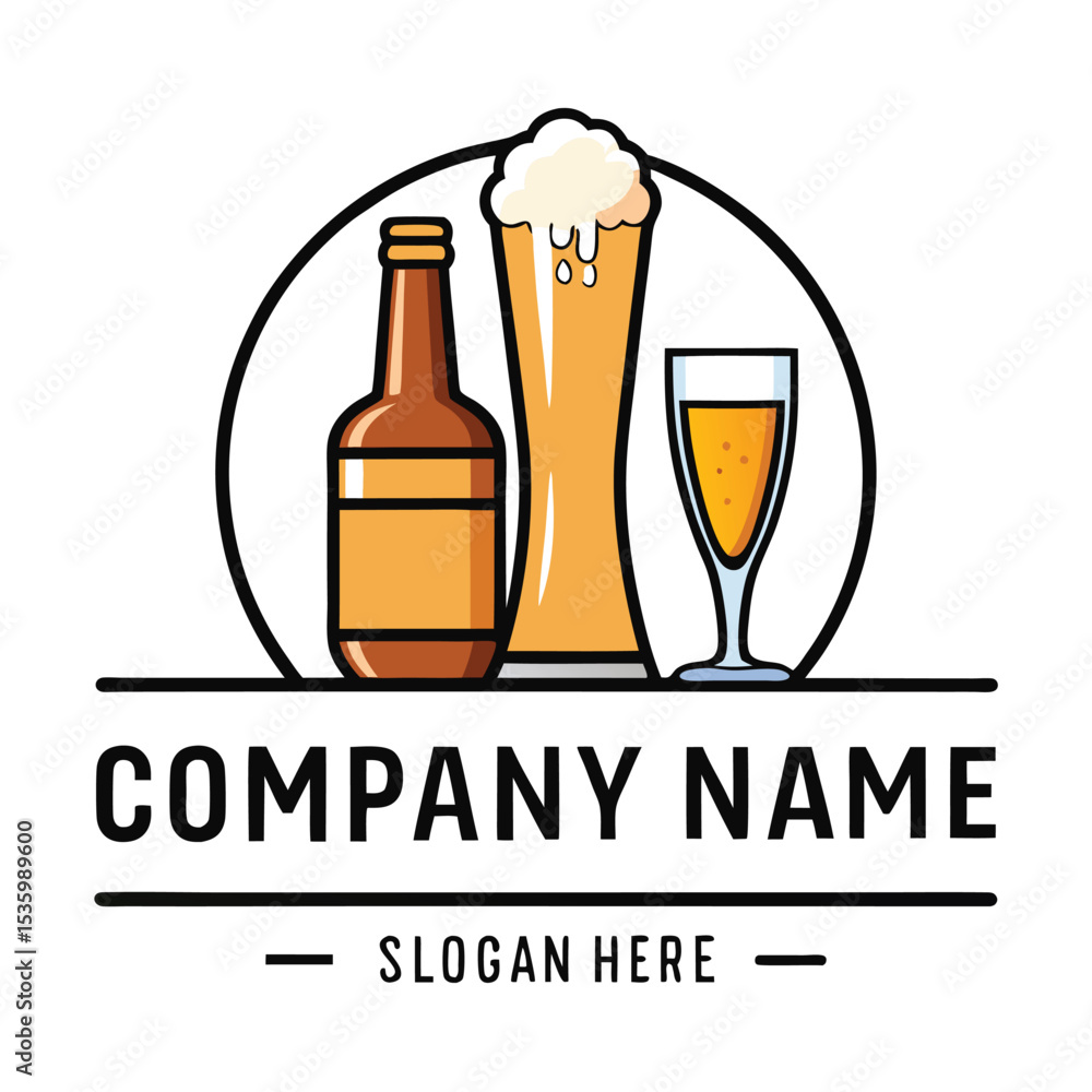 Beer logo with bottle and glass, company name and slogan Beer logo with bottle and glass, company name and slogan