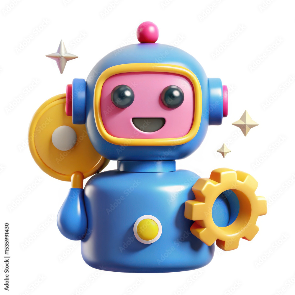 3d cute robot holding gear and disc isolated on white background 3d cute robot holding gear and disc isolated on white background