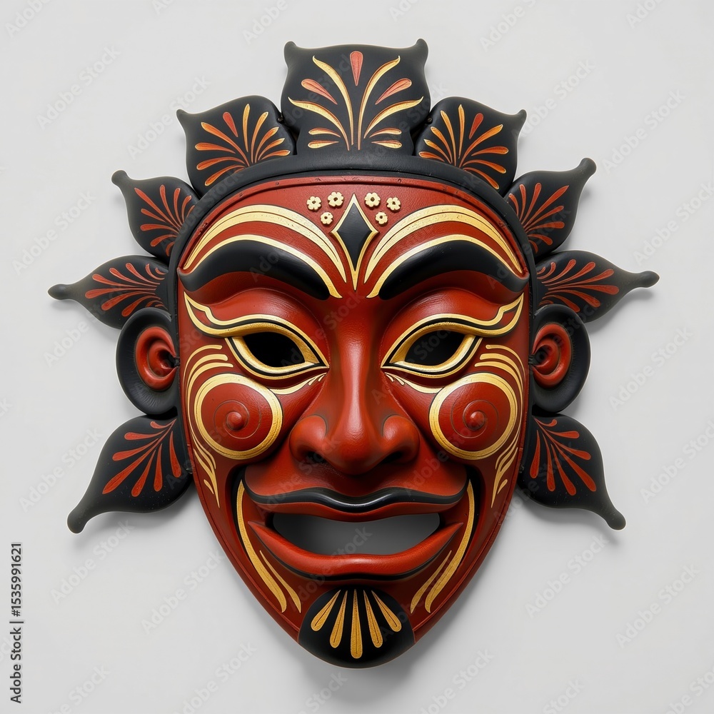 Naklejka premium A vibrant, intricately designed red and black ceremonial mask with gold and white detailing, featuring a sun-like motif with expressive facial features.