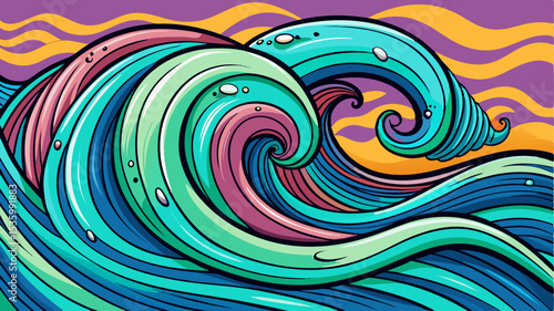 A vibrant, stylized illustration of ocean waves crashing, featuring swirling patterns in teal, pink, and blue, against a purple and orange sky.