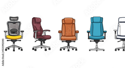 Illustration of five different colored office chairs with adjustable features and ergonomic designs shown