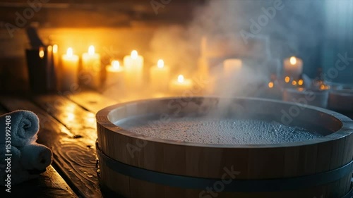 Relaxing spa tub filled with steaming water, lit by candles
