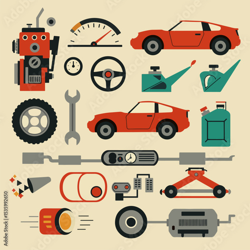 A geometric retro style illustration of the automotive industry