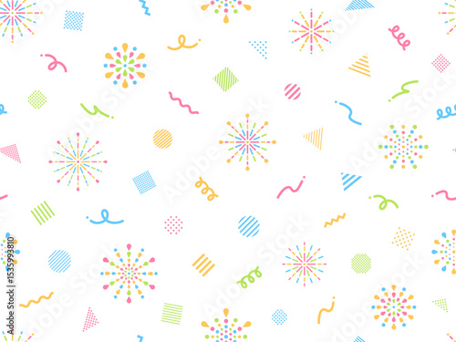 カラフルな花火と丸三角四角の図形とラインのパターン背景