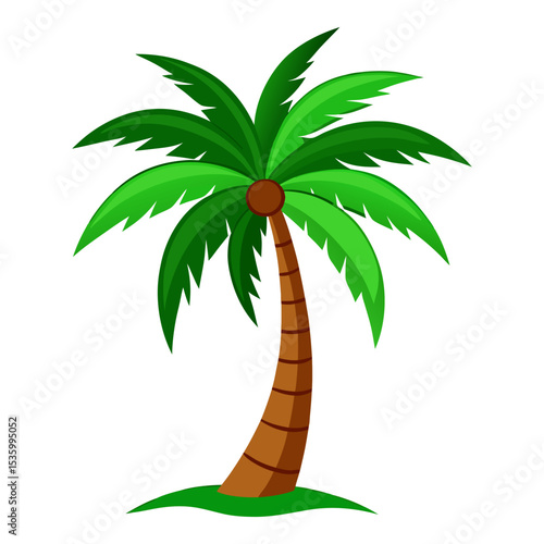 Simple, vibrant illustration of a classic palm tree with green fronds and a brown trunk, rooted in a patch of grass, symbolizing tropical climates and relaxation.
