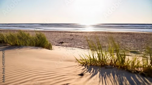Wallpaper Mural Close-up view of a sandy dune with grass in the foreground and ocean in the background on a bright sunny day capturing the essence of a coastal landscape Torontodigital.ca