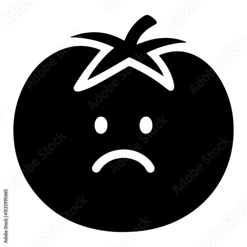 Sad Tomato Emoji, Black and White Vector Illustration