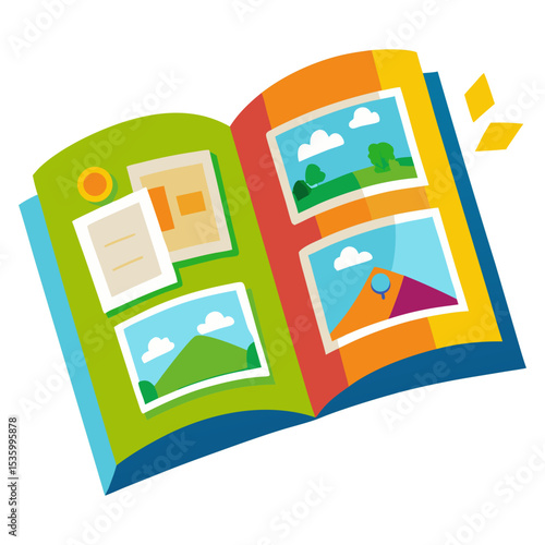 Vibrant illustration of an open photo album filled with pictures and notes, symbolizing cherished memories, storytelling, and personal history.
