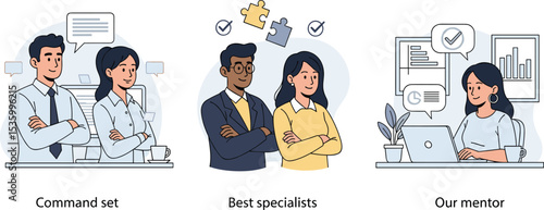 Collection of scenes representing teamwork, expertise, and mentorship. Confident professionals collaborate in a modern office, showcasing leadership, skill, and guidance.