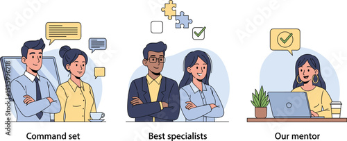 Collection of scenes representing teamwork, expertise, and mentorship. Confident professionals collaborate in a modern office, showcasing leadership, skill, and guidance.