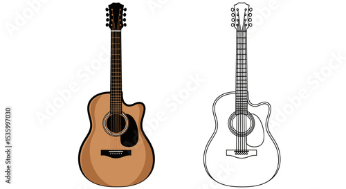 Acoustic Guitar Illustration: Color and Outline Versions
