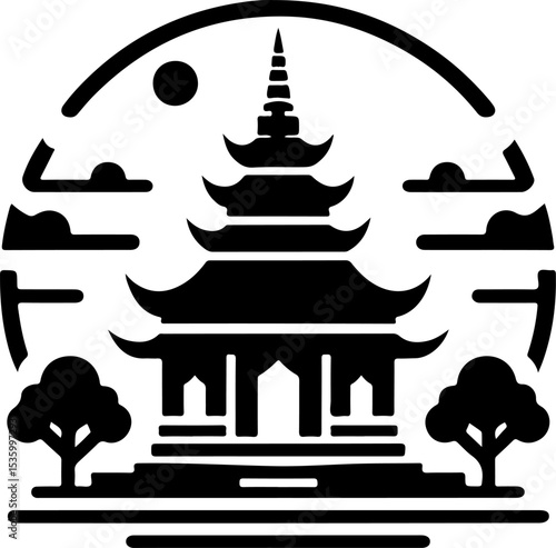 vector illustration silhouette design icon logo symbol temple shrine sacred worship as mascot traditional ethnic building