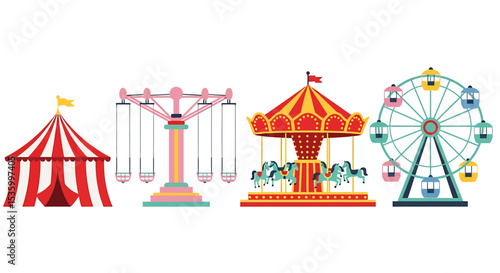 Amusement Park Rides: Ferris Wheel, Carousel, Swing Ride, and Circus Tent