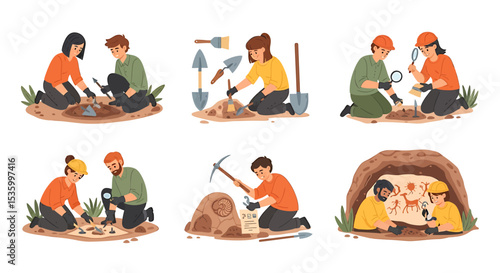Cartoon Illustrations of Archaeologists Excavating and Examining Ancient Artifacts