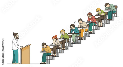Bored Students in Lecture Hall with Teacher at Podium