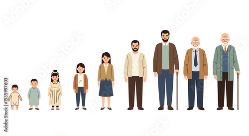 Illustration of a Family Through Generations, Showing Age Progression from Infant to Elderly Men