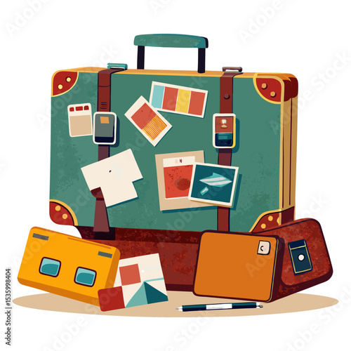 A vintage green suitcase covered in travel stickers, surrounded by passports, postcards, and a pen, evoking wanderlust and memories of past adventures.