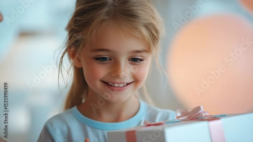 Happy little girl opening a birthday gift
