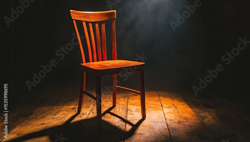 Single wooden chair in spotlight on dark wooden floor