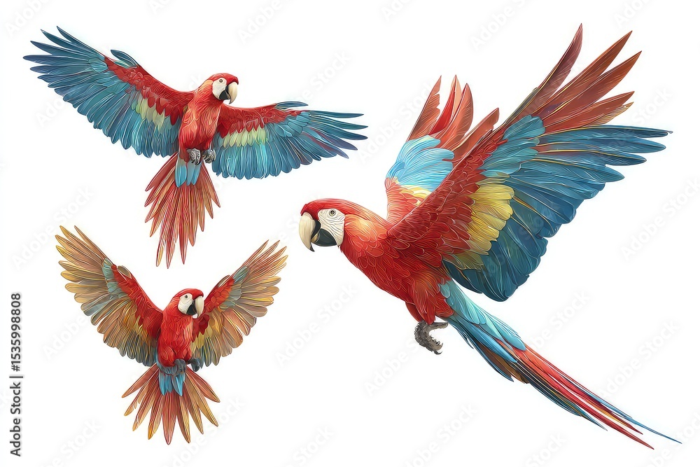 Obraz premium Colorful parrots in dynamic poses, tropical birds showcasing flight and perching behavior isolated on white background