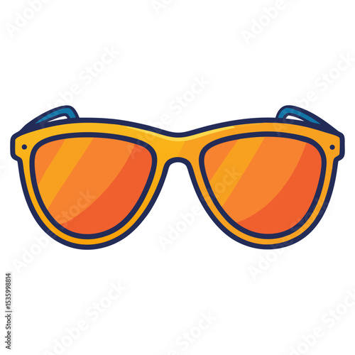 A colorful pair of flat-style sunglasses features orange lenses and a blue outline, radiating a fun, summery vibe.