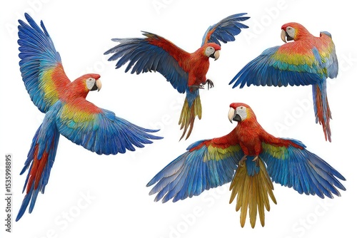 Wallpaper Mural Colorful parrots in dynamic poses, tropical birds showcasing flight and perching behavior isolated on white background Torontodigital.ca