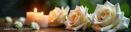 Pure white roses & flickering candles create serene memorial , beauty, purity, candles