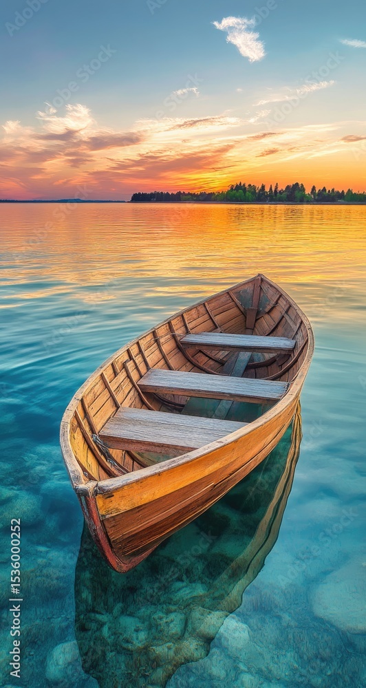 Tranquil wooden rowboat on a serene lake at sunset Tranquil wooden rowboat on a serene lake at sunset