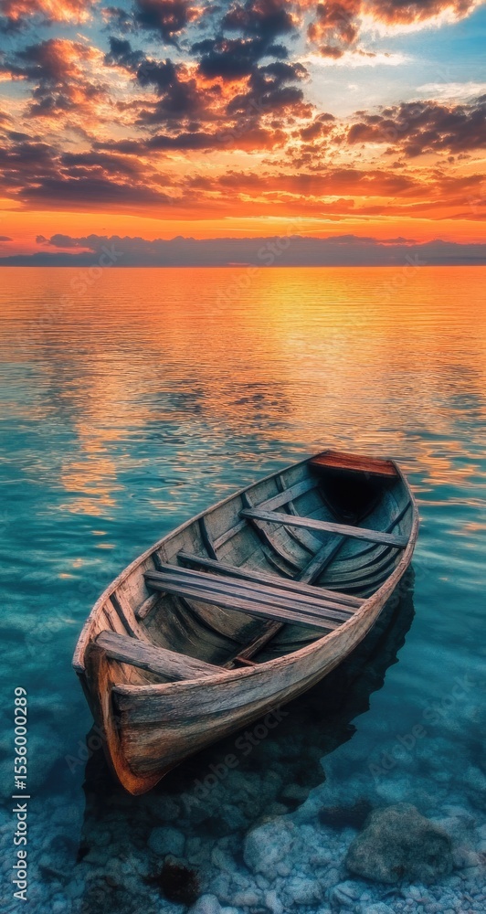 A weathered wooden rowboat rests peacefully on calm water at sunset A weathered wooden rowboat rests peacefully on calm water at sunset