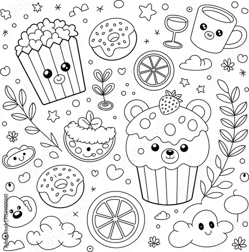 A delightful coloring page filled with kawaii doodles. This whimsical scene features charming food characters, smiling popcorn box,  sweet bear cupcake, happy donuts, and other cute, friendly treats.